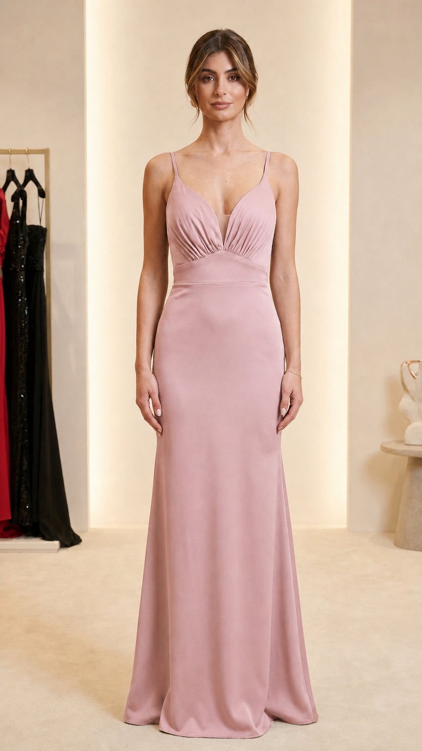 Front view of dusty pink formal evening gown variant