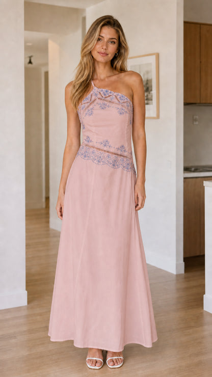 Front view of pink one-shoulder embroidered maxi dress