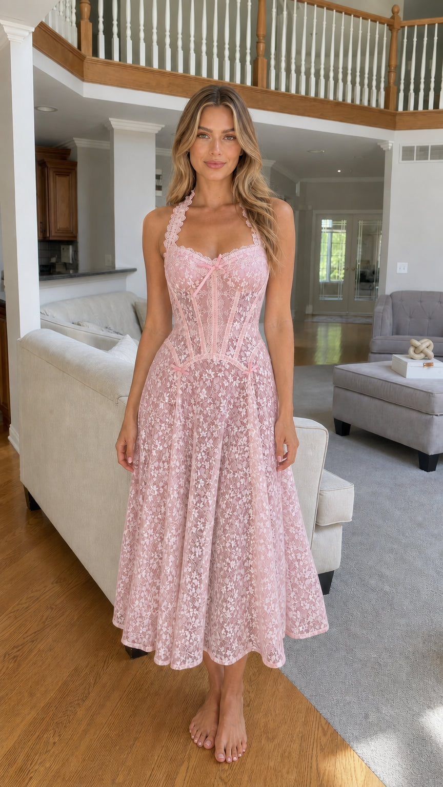 Woman wearing pink lace corset midi dress