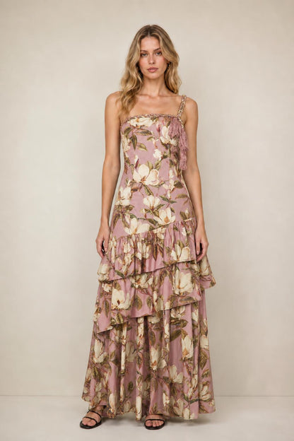 Front view of floral print tiered maxi dress in dusty pink