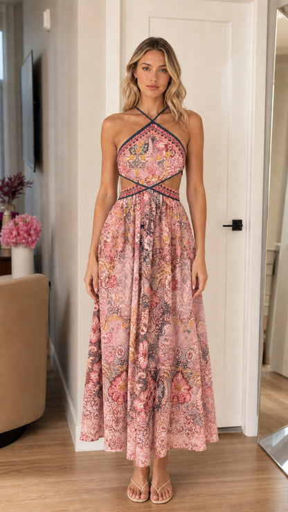 Front view of the maxi dress in pink