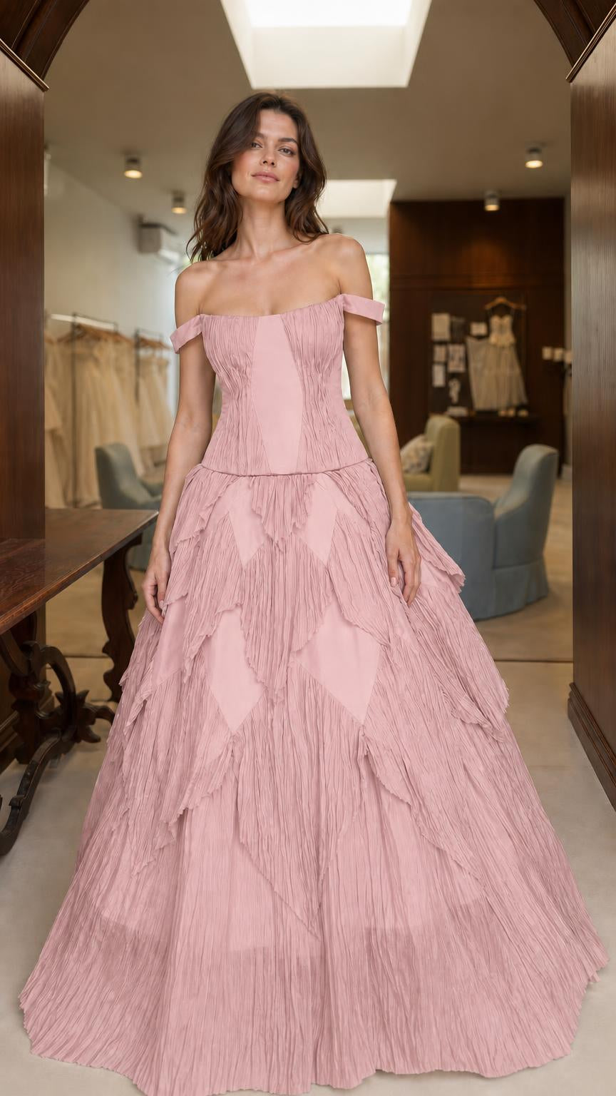 Front view of pink off-the-shoulder evening ball gown