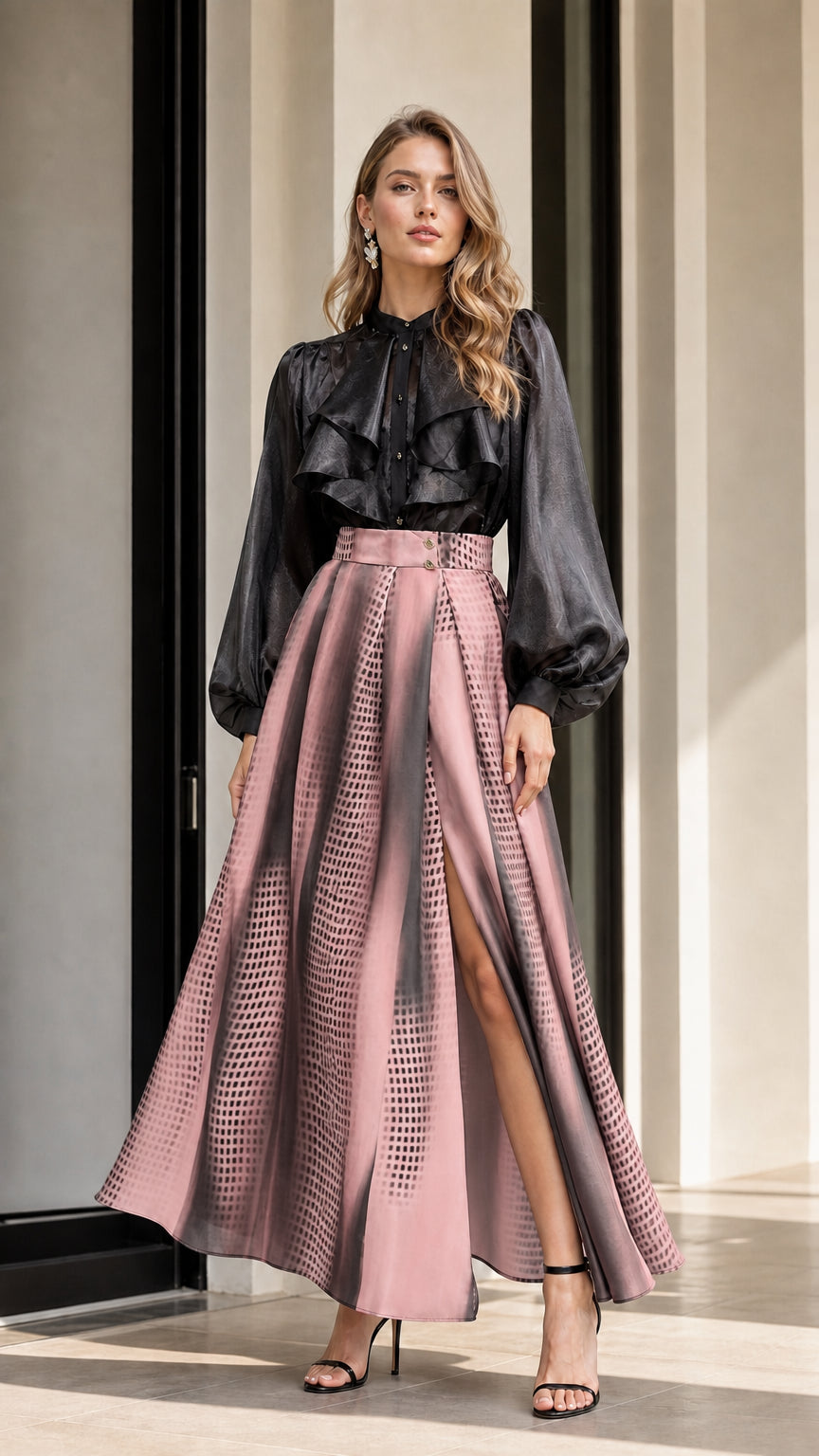 Model wearing pink gradient maxi skirt with black ruffle blouse