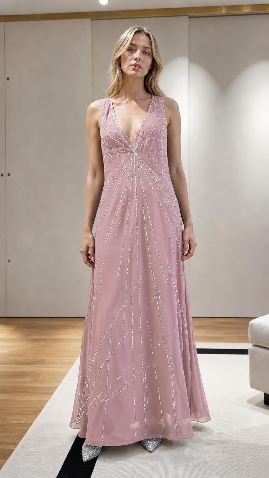 Model wearing Pink Beaded V-Neck Maxi Evening Dress