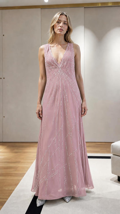Model wearing Pink Beaded V-Neck Maxi Evening Dress