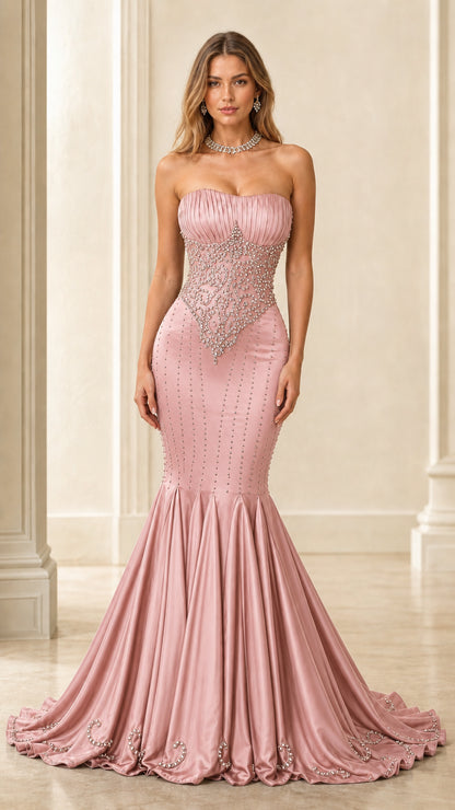 Front view of pink strapless beaded evening gown