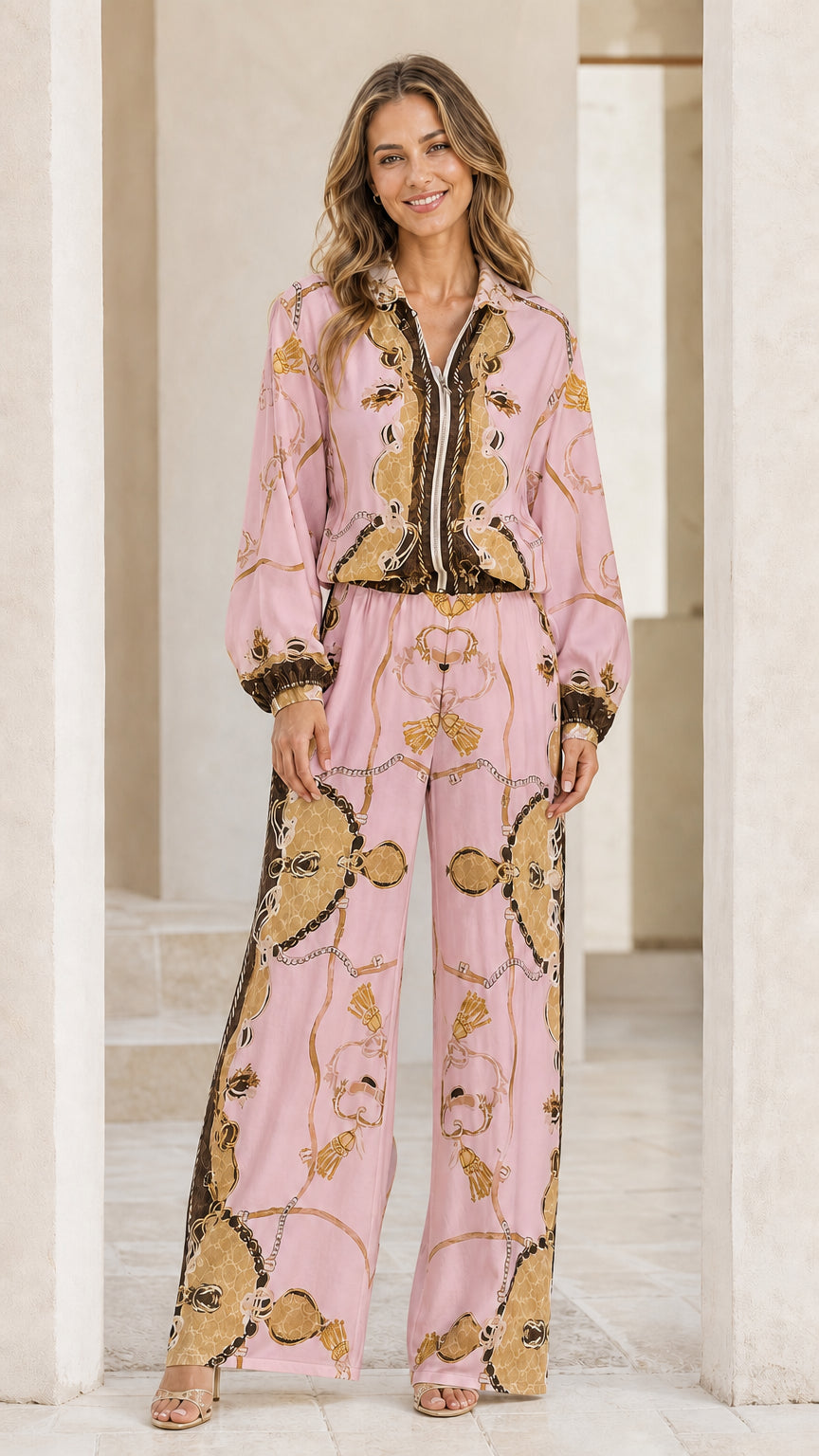 Model wearing pink barocco print two-piece set