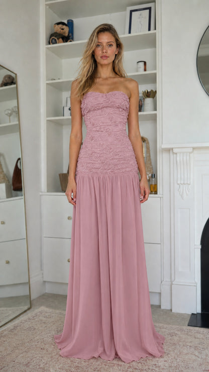 Elegance Strapless Textured Bodice Chiffon Maxi Dress in Mauve