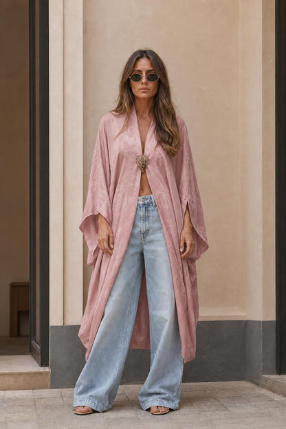 Model wearing dusty pink long kimono cardigan