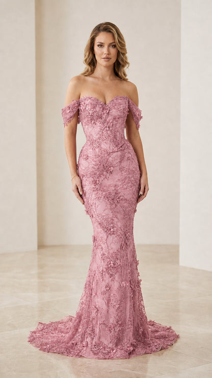 Pink color variant of off-the-shoulder mermaid evening gown