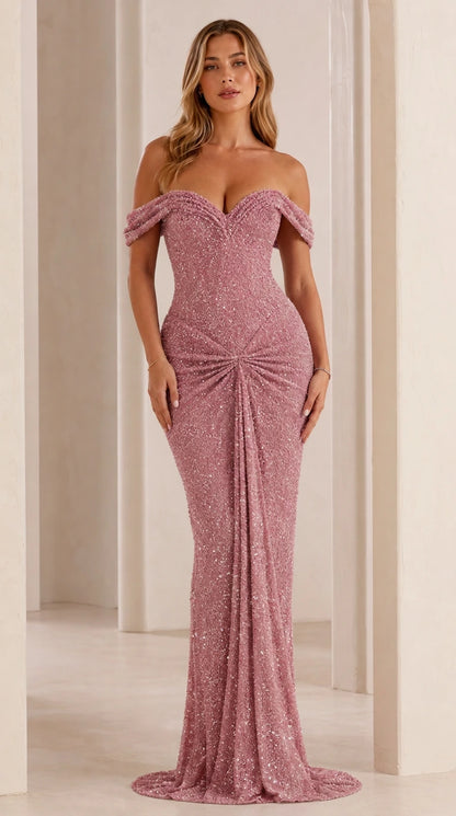 Model wearing dusty rose off-shoulder sequin evening gown
