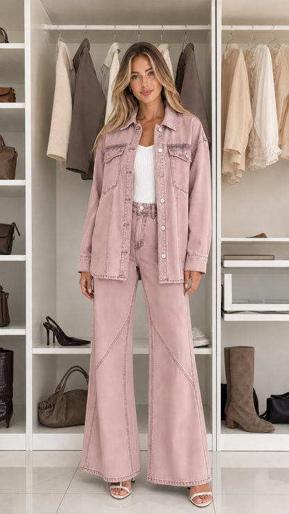 Front view of woman wearing pink denim shacket and wide leg pants set