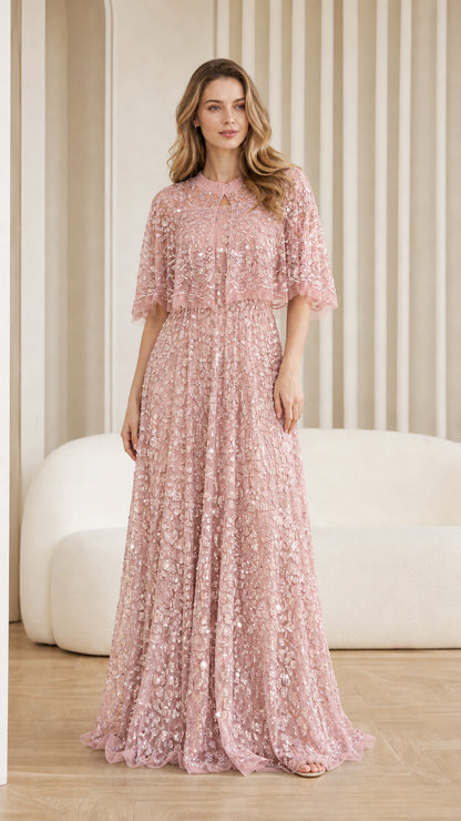 Front view of pink sequin maxi dress