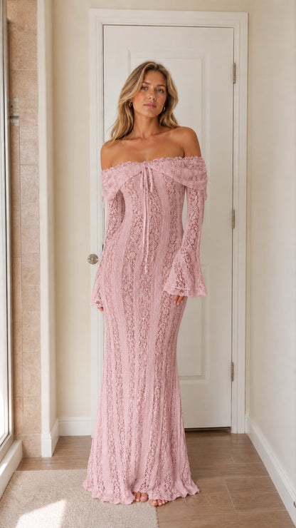 Full view of the pink color variant of the lace maxi dress