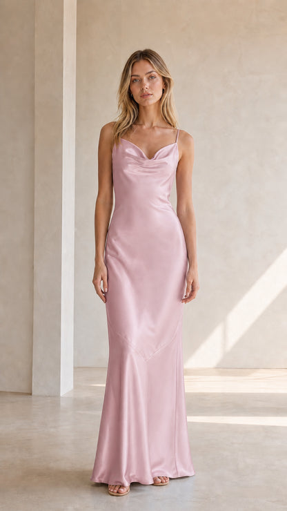 Front view of model wearing pink satin cowl neck maxi dress