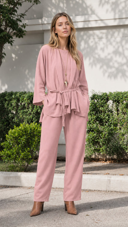 Woman wearing pink two-piece tunic and pants set