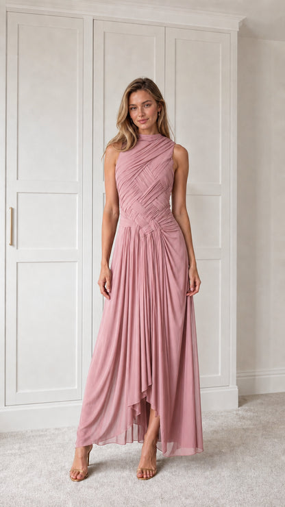 Front view of dusty rose pleated maxi dress