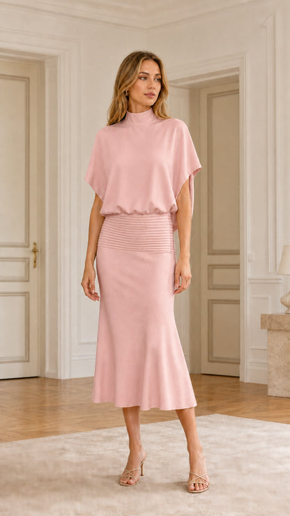 Front view of pink mock neck midi dress