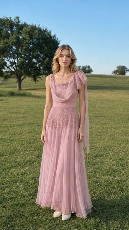 Front view of model wearing pink tulle maxi dress