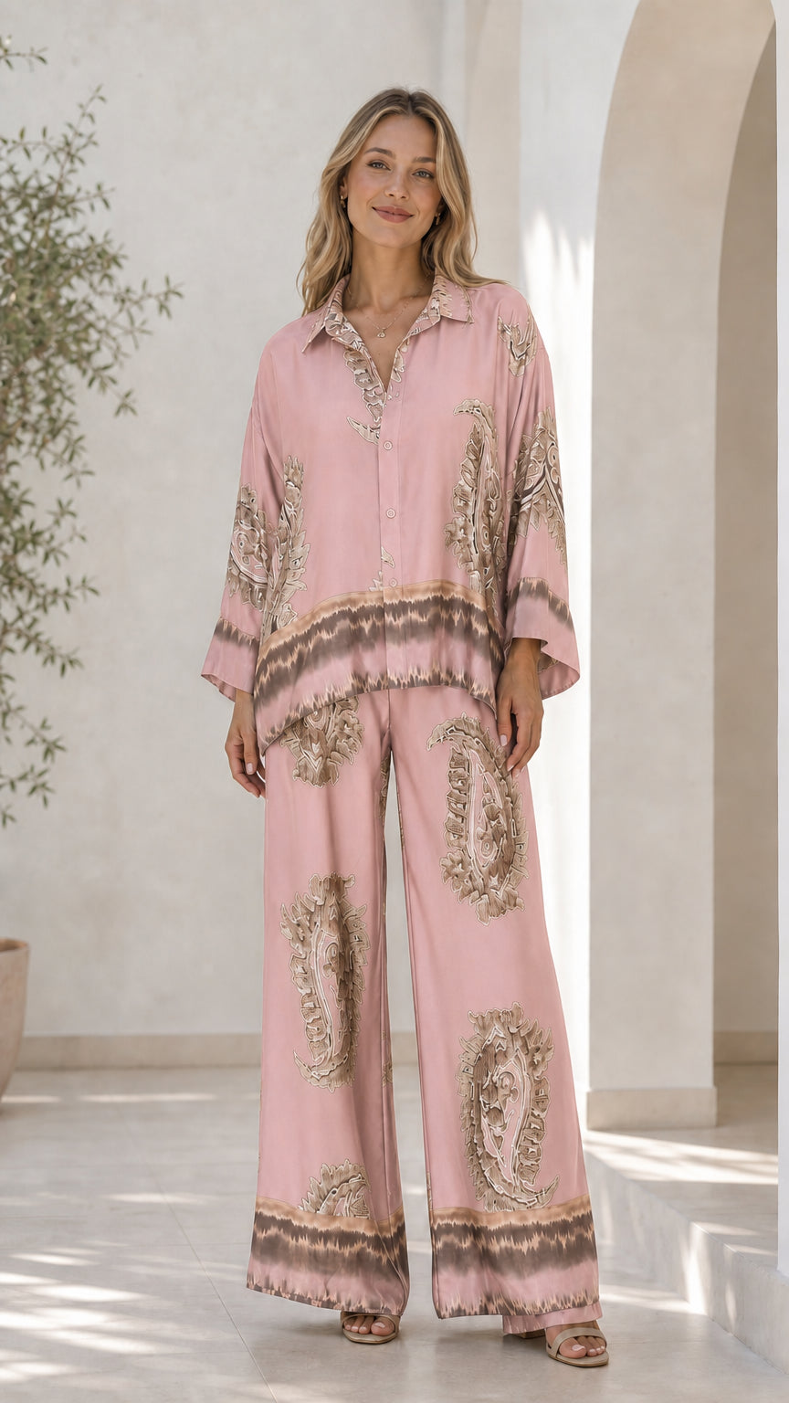 Front view of model in pink satin paisley print lounge set