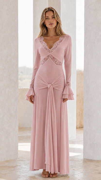 Front view of dusty pink lace-trimmed long sleeve maxi dress