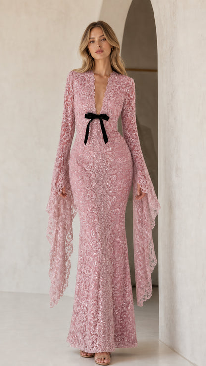 Model wearing pink sequin lace maxi dress