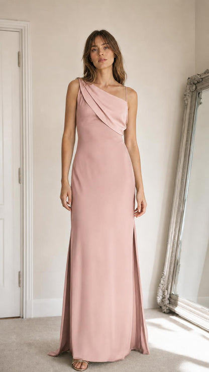 Front view of blush pink one-shoulder maxi dress