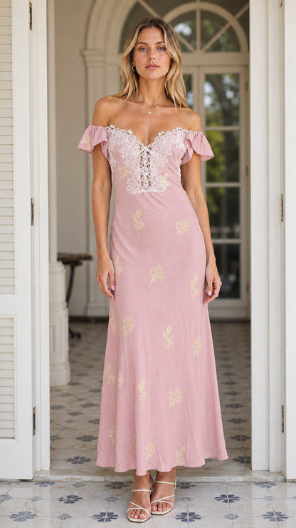 Front view of Dusty Pink floral lace trim maxi dress