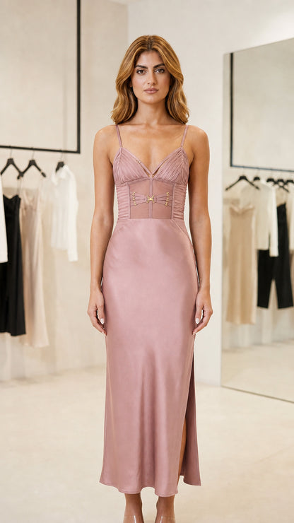 Front view of woman wearing Rose Pink satin slip maxi dress