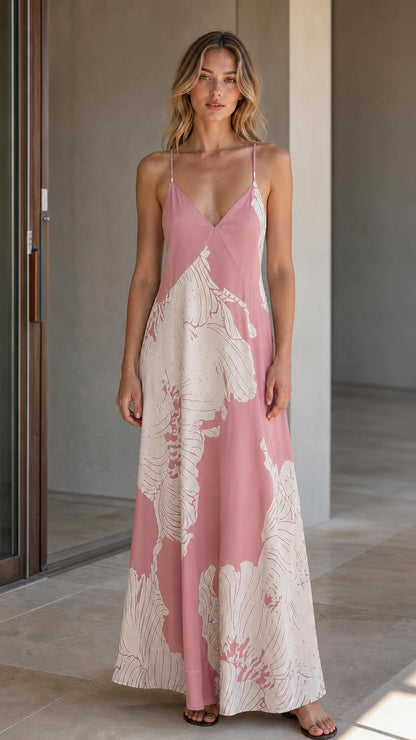Front view of model wearing pink floral maxi dress
