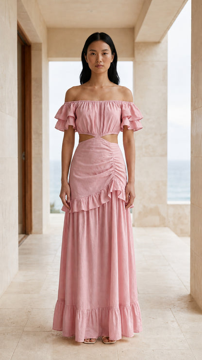 Front view of pink off-shoulder cutout maxi dress
