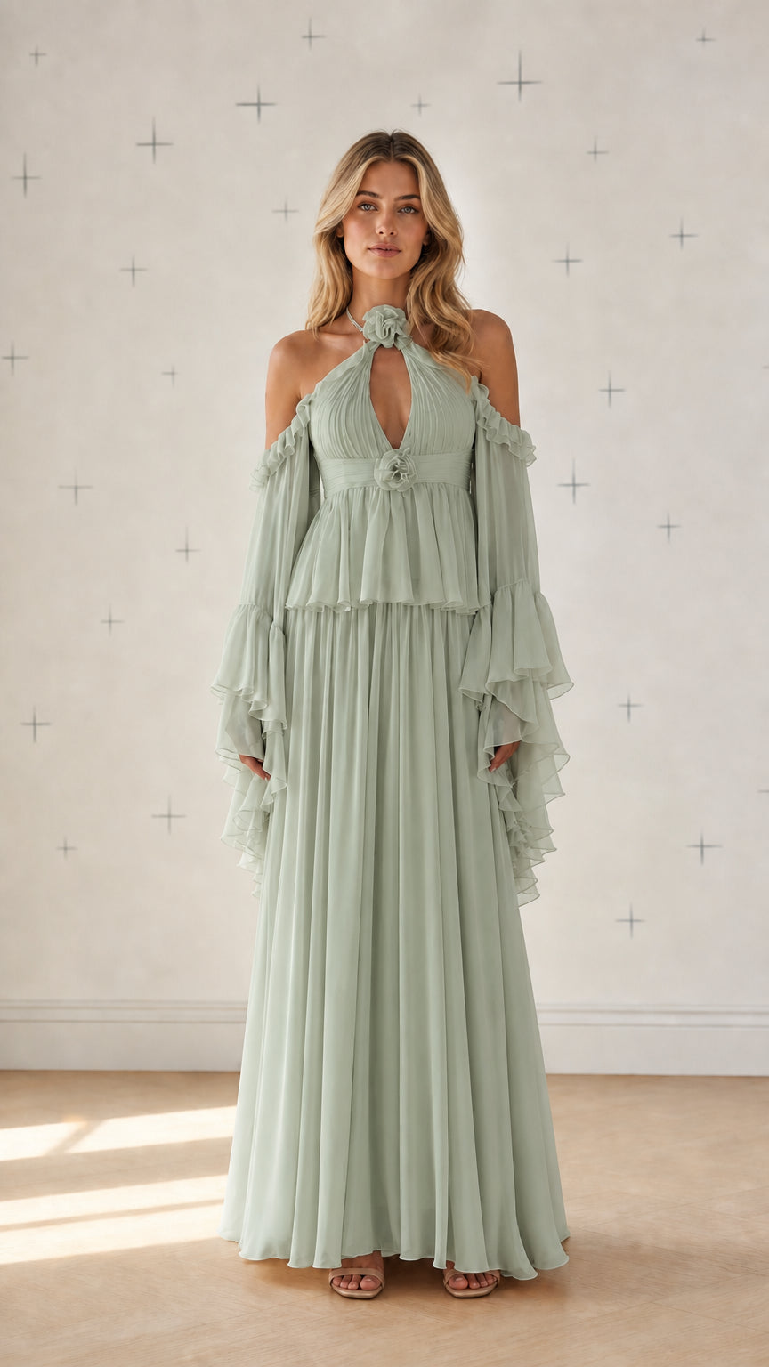Front view of sage green cold-shoulder pleated maxi dress