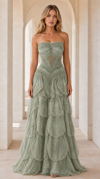 Front view of sage green beaded formal gown