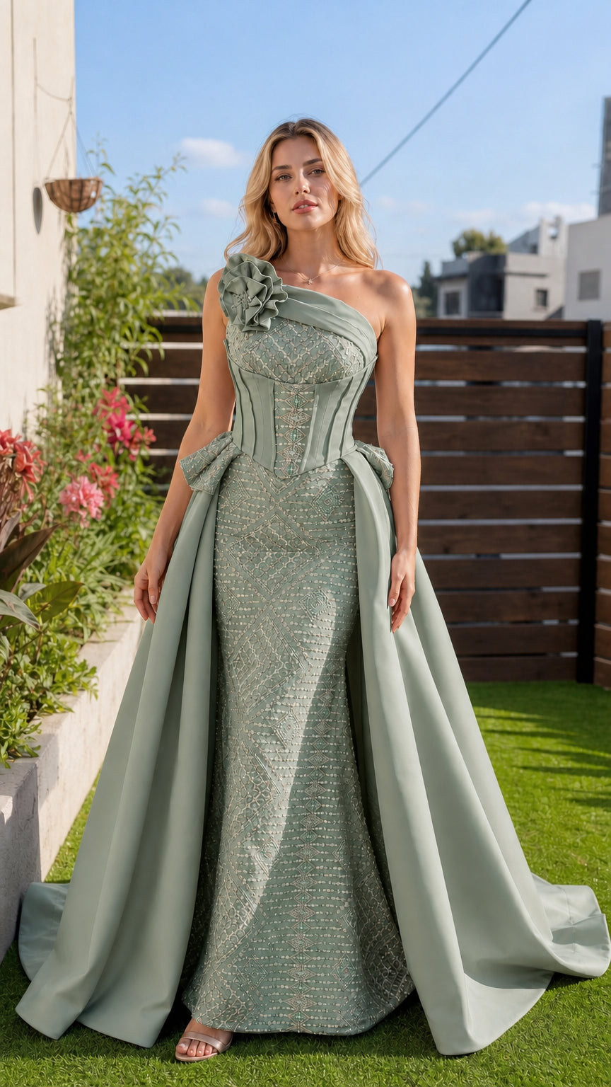 Sage green color variant of one-shoulder corset evening gown