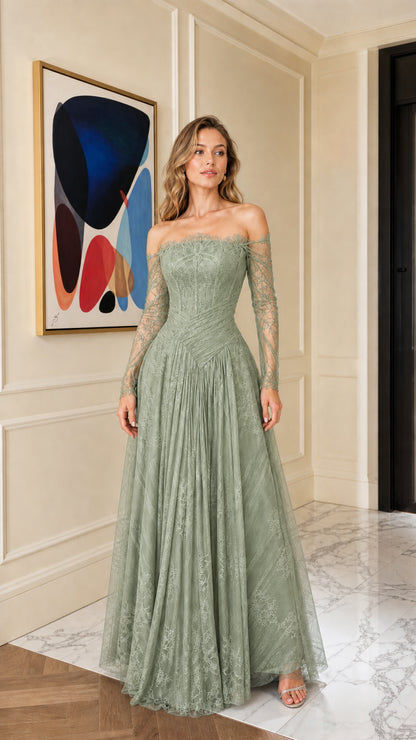 Front view of sage green off-shoulder lace evening gown