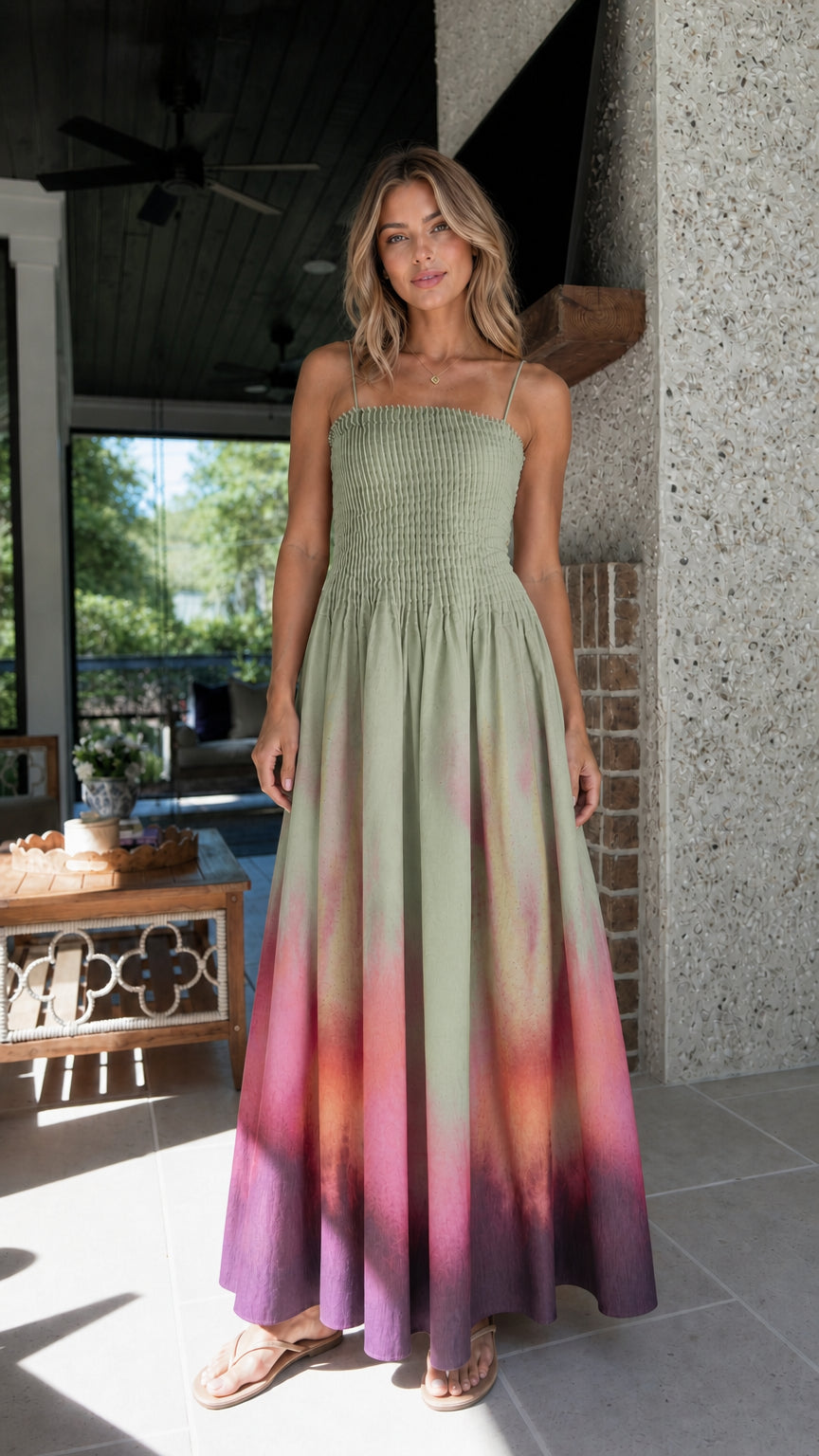 Model wearing sage green gradient tie-dye maxi dress