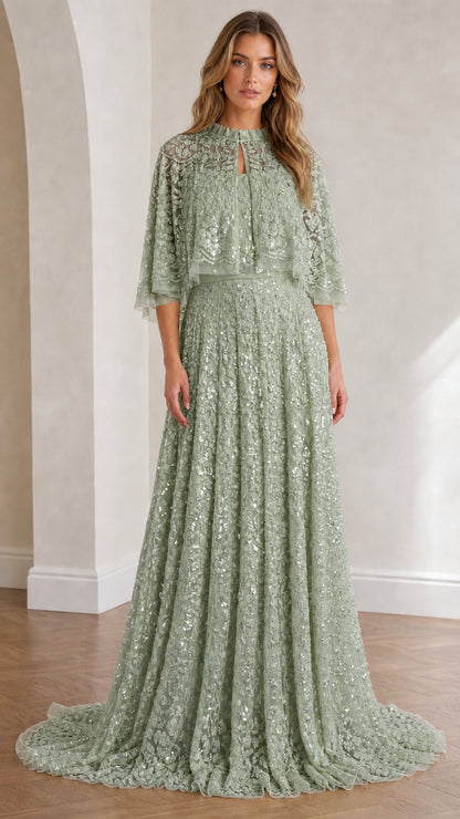 Full view of sage green sequin lace capelet evening gown