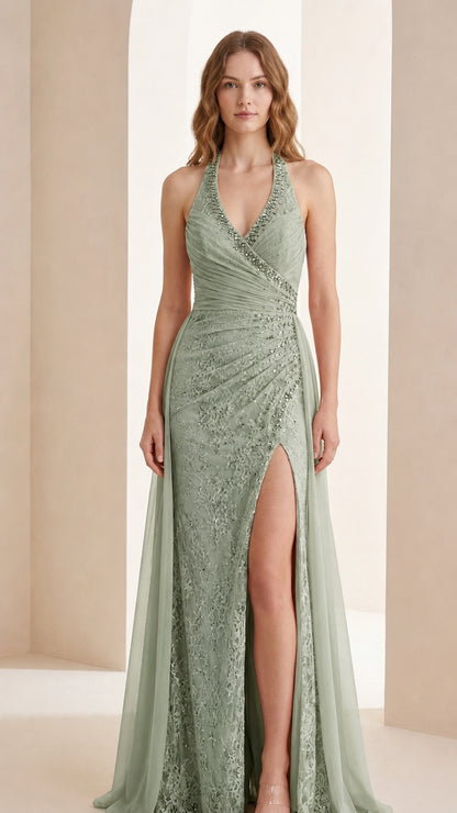 Sage green color variant of halter neck beaded evening dress