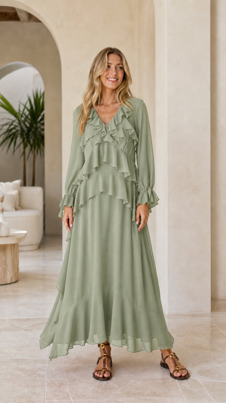 Model wearing green tiered ruffle long sleeve maxi dress