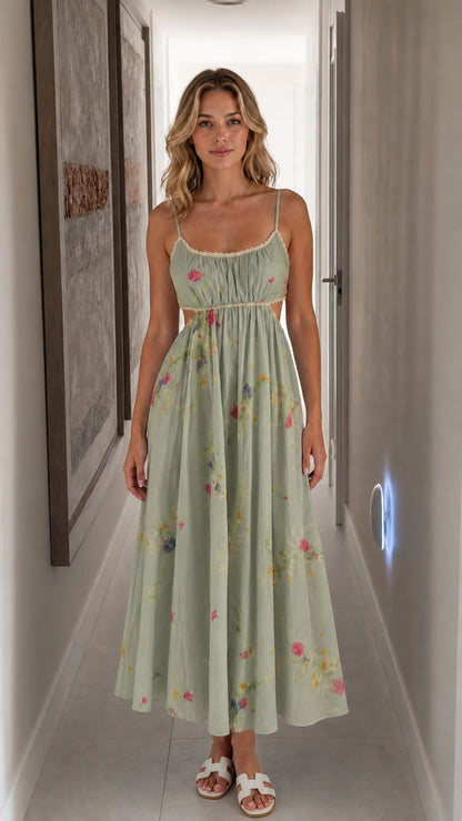 Front view of sage green floral cutout midi dress