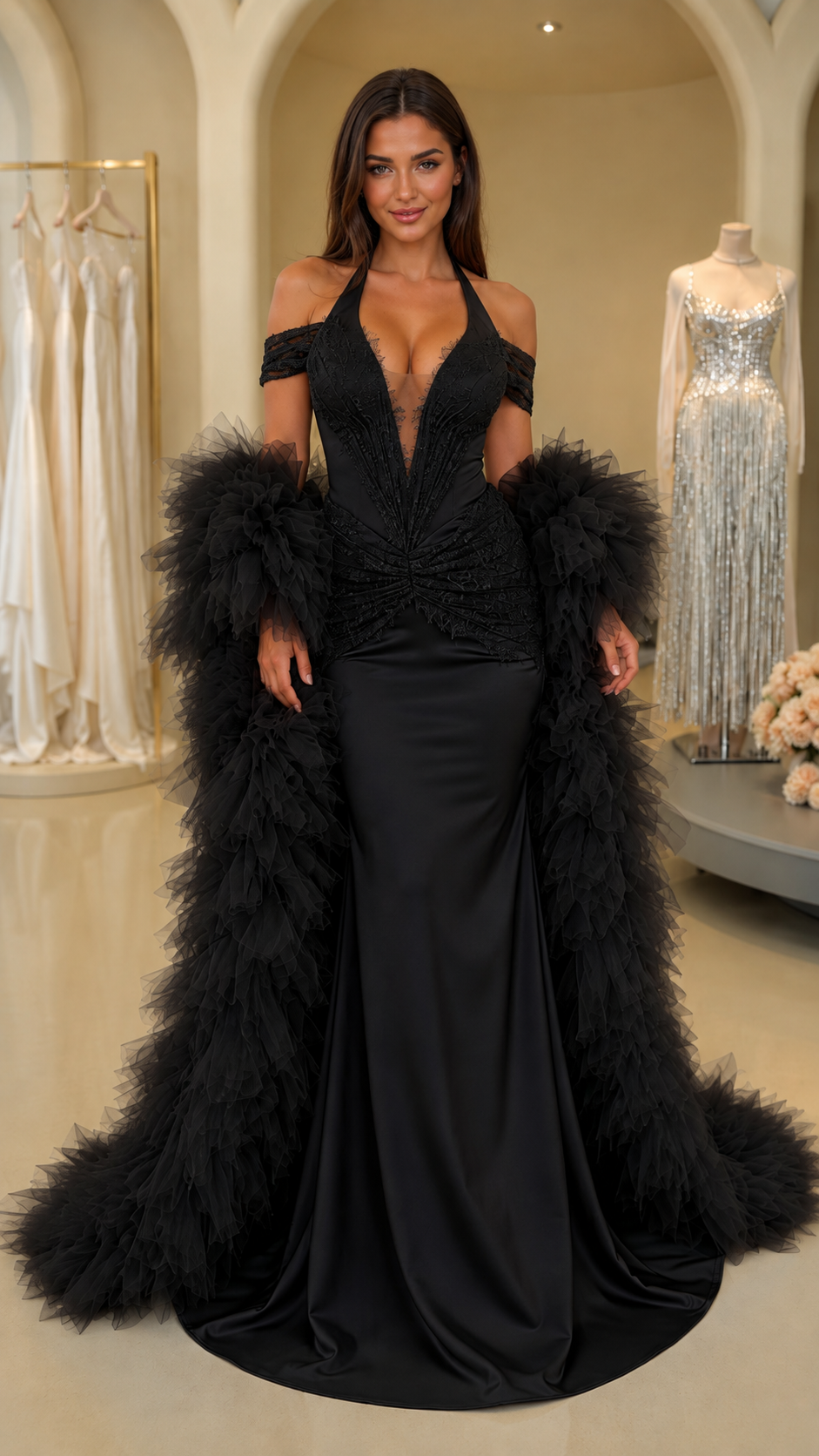 Model wearing classic black mermaid evening gown with black feather stole