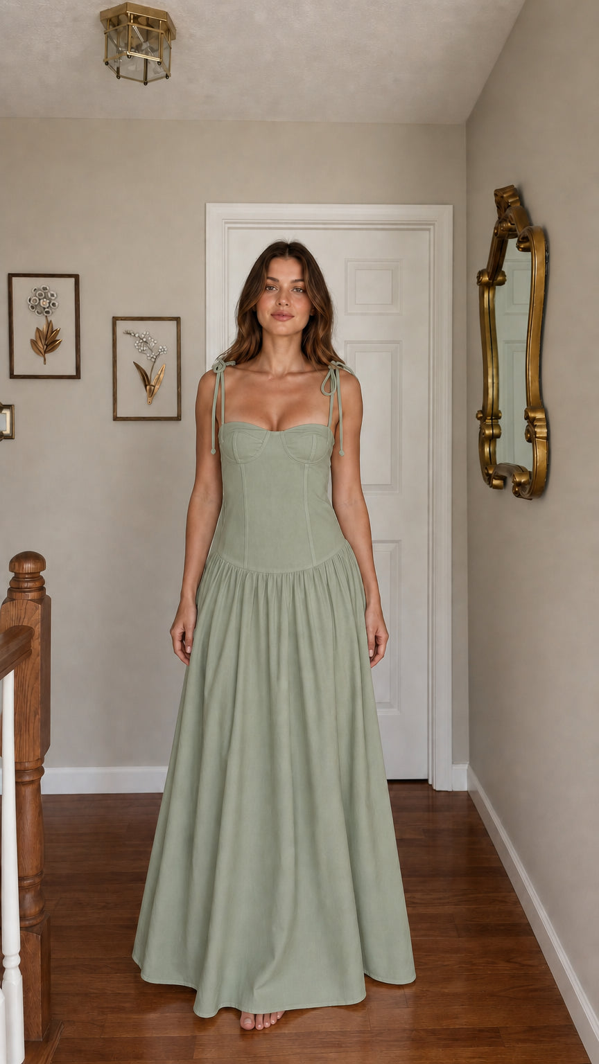 Front view of woman wearing sage green tie-strap corset maxi dress