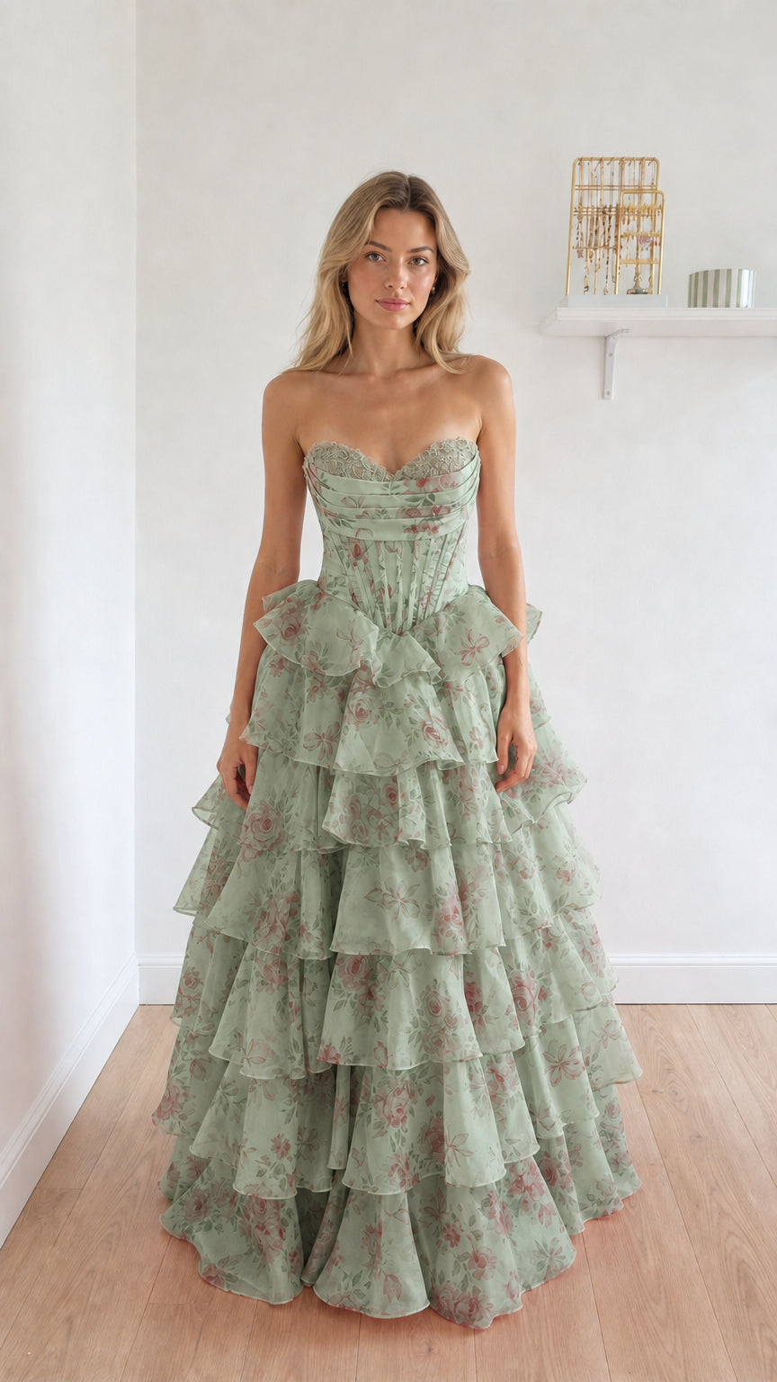Sage green floral strapless corset ball gown