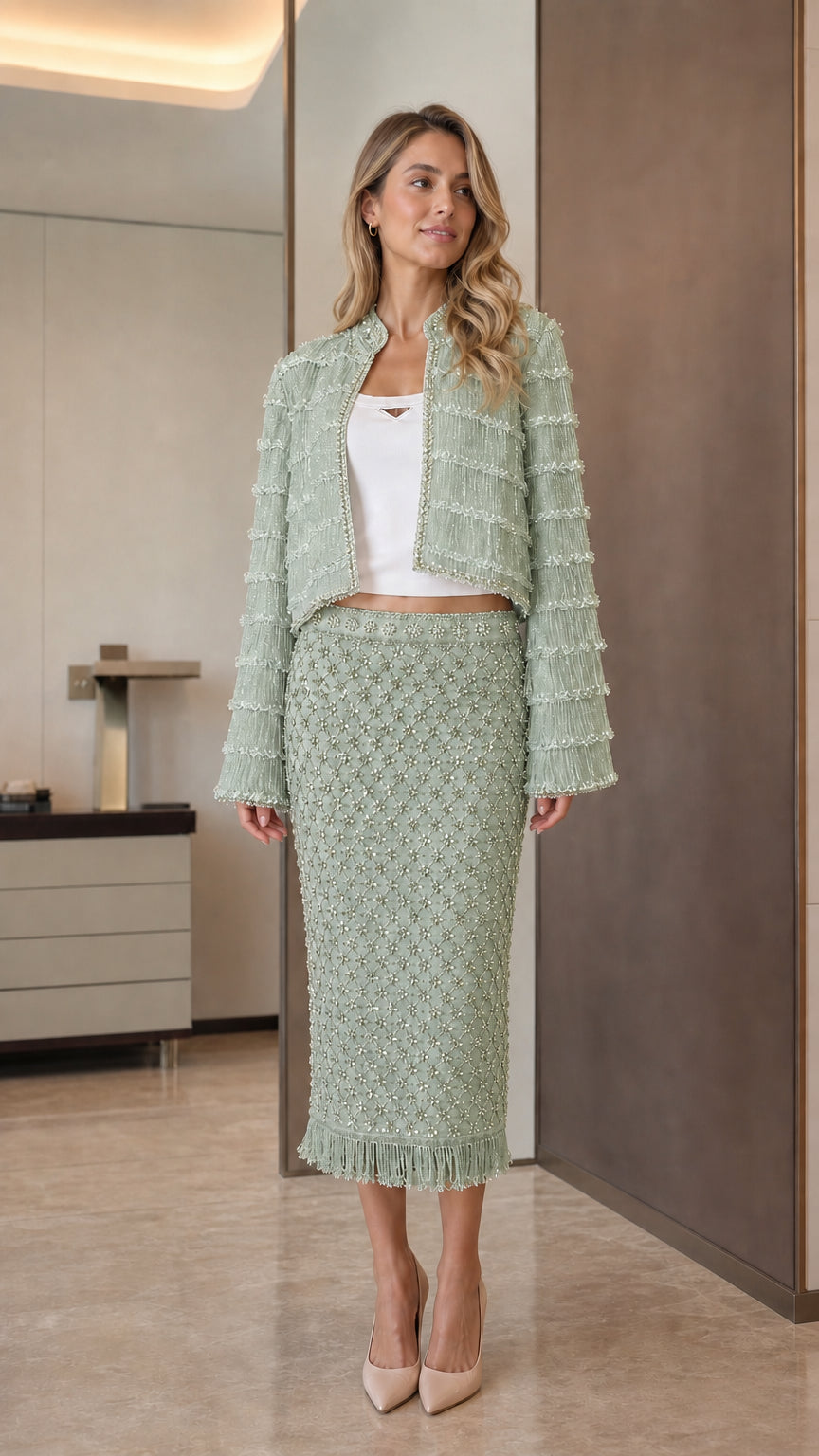 Model wearing sage green tweed crop jacket and midi skirt set