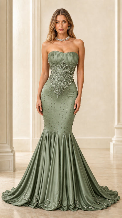 Front view of green strapless beaded evening gown