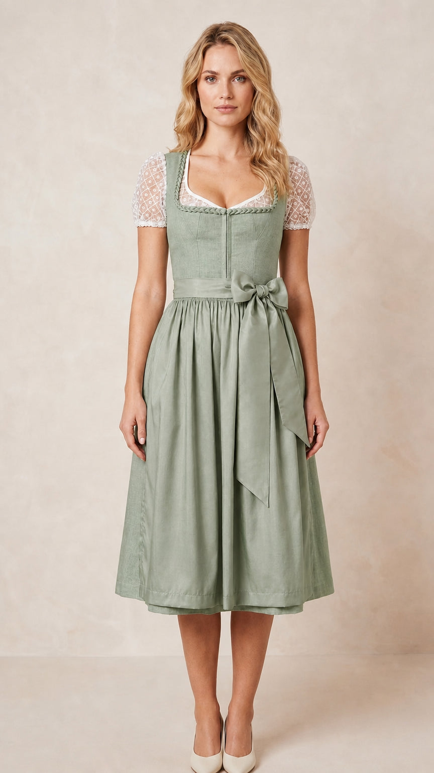 Front view of sage green traditional dirndl dress