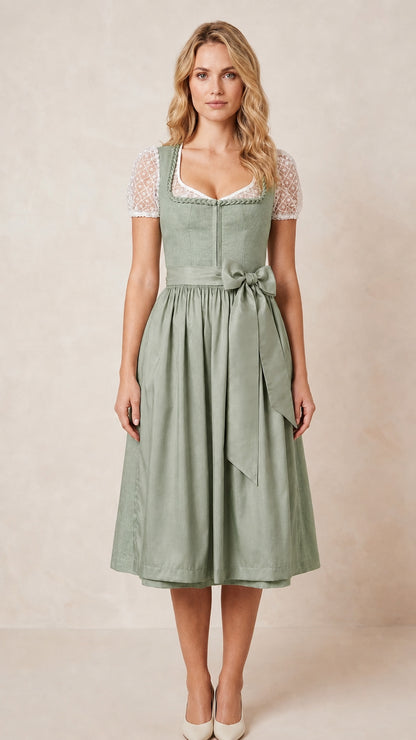 Front view of sage green traditional dirndl dress