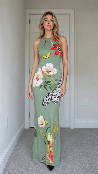 Model wearing sage green floral butterfly print sleeveless maxi dress