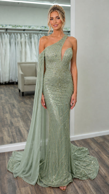 Front view of sage green beaded evening dress with cape