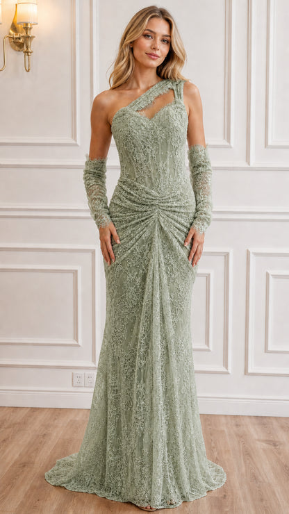 Front view of sage green one-shoulder lace maxi dress with gloves